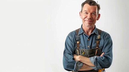 Portrait of a confident middle-aged male carpenter in work overalls. Smiling handyman with arms crossed. Ideal for advertisements, blogs, and articles related to skilled trades or DIY projects. AI