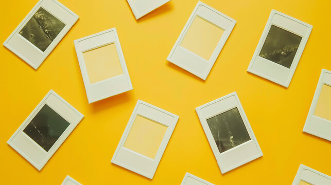White instant photos on yellow background