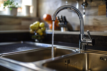 Close-up of a metal sink and a metal faucet with dripping water in the kitchen
