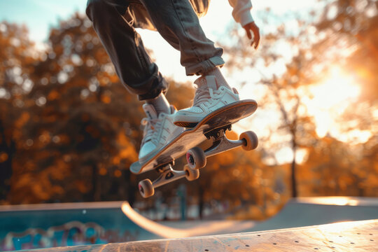 Skateboarder doing Kickflip on ramp in skate park close up with space for text or inscriptions
 - Powered by Adobe