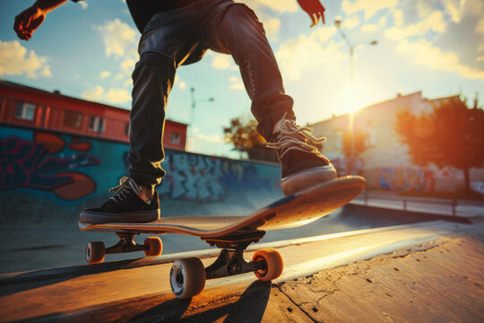 Skateboarder doing Kickflip on ramp in skate park close up with space for text or inscriptions
 - Powered by Adobe