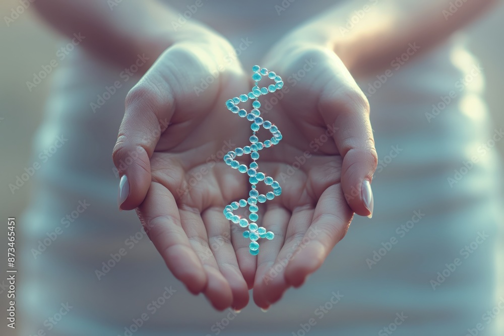 Poster a woman holding a dna strand