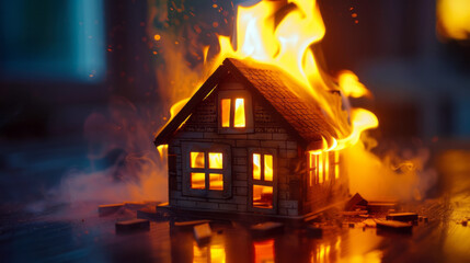 burning wooden house model. Home security and fire system concept close up with space for text or inscriptions
