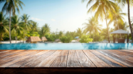 Empty wooden tabletop perfect for displaying your product against a blurred tropical resort background
