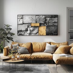 living room with large sofa modern furniture with large wall picture mockup for photos and paintings , generated by AI. High quality photo