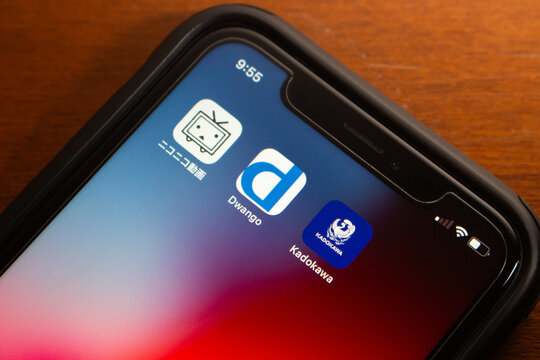 Vancouver, CANADA - Jul 4 2024 : Icons of Niconico Douga, Dwango and Kadokawa. Niconico was hit by a massive cyber attack on June 8, that disabled access to multiple servers and services