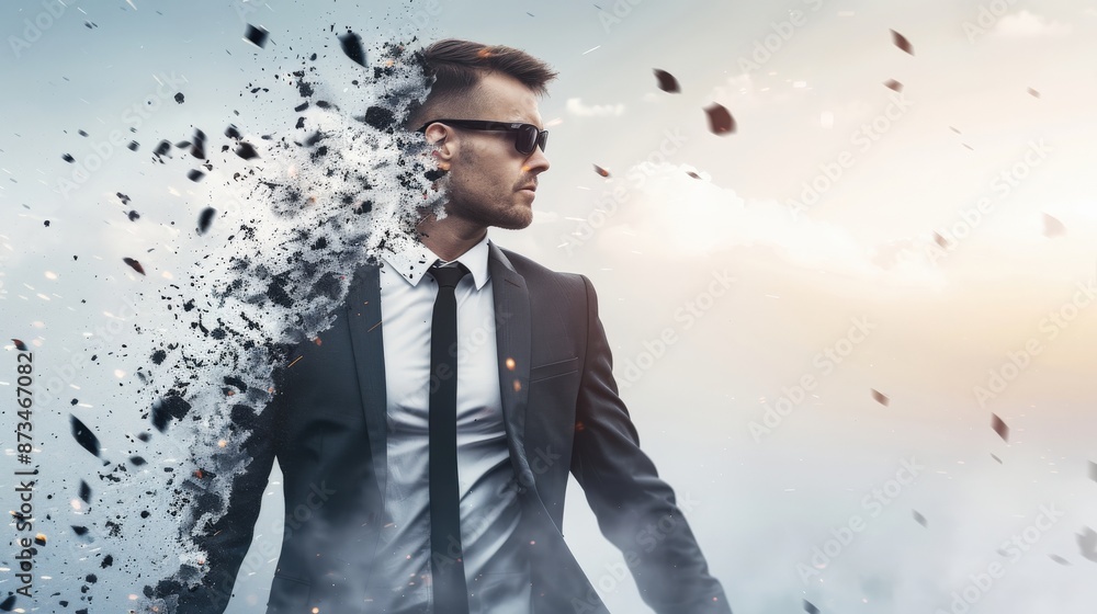Poster a man in a suit is standing in front of a cloud of dust. the image is a representation of the man's 