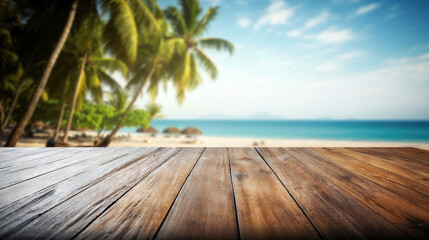 Empty wooden table top and blurred summer beach background