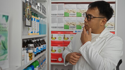 Young asian man in a pharmacy shop wearing a white coat, thoughtfully examining products on a shelf filled with various medicines and bottles.