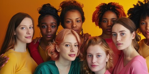 A group of women with different hair colors and styles are posing for a photo. Scene is one of unity and diversity, as the women come together to celebrate their differences and similarities