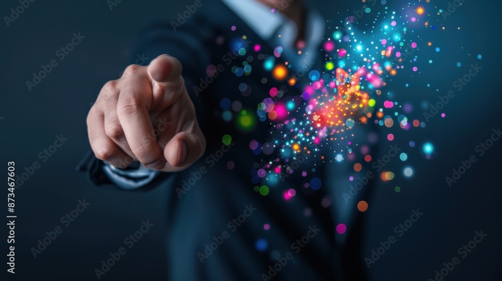 Poster a man is pointing at a colorful explosion of light. concept of excitement and energy, as if the expl