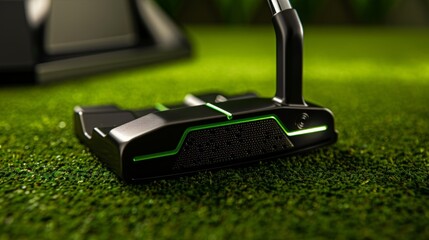 A detailed shot of a putter head highlighting its sleek and modern design with a matte black finish and vibrant green accents. The alignment aids on the top of the club are perfectly