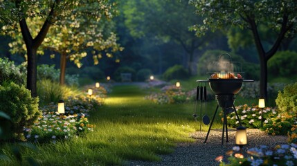 Naklejka premium A cobblestone street in a European village at night, with a small grill in the foreground and houses lit by warm yellow light in the background