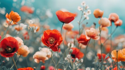 Obraz premium A field of red and orange flowers with a blue sky in the background. The flowers are in full bloom and the colors are vibrant