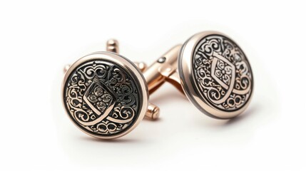 Grooms cufflinks with intricate designs, isolated on a white background, showcasing the craftsmanship