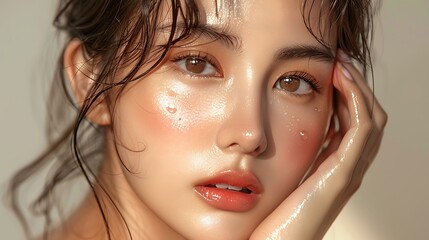 Close-up portrait of young Asian beautiful woman with K-beauty make up style and healthy and perfect skin isolated on beige background for skincare commercial product advertising.	