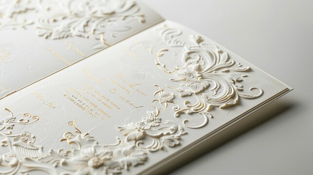 Ornate wedding program with elegant designs and typography, isolated on a white background