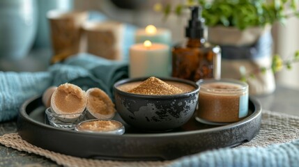 A tray of indulgent spa items such as a face mask and exfoliating sugar scrub sits within arms reach.