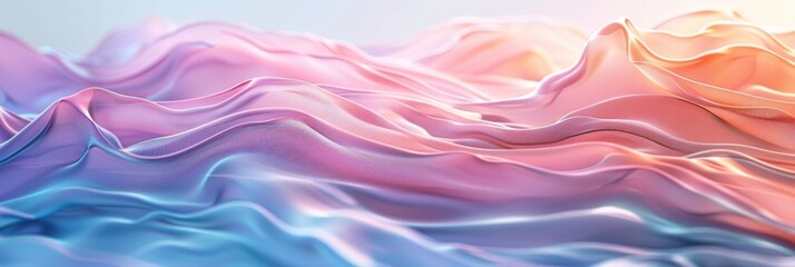 Soft pink and blue fabric folds creating wavy texture. Abstract macro shot of textile material. Banner with copy space