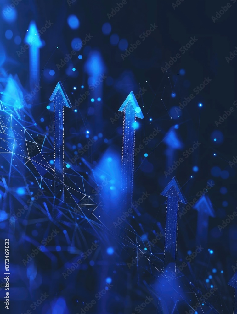 Poster a blue background with a bunch of arrows pointing upwards. the arrows are scattered all over the bac