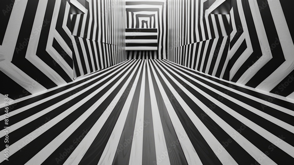 Poster the black and white striped tunnel mesmerizes with its dynamic patterns, creating a captivating opti
