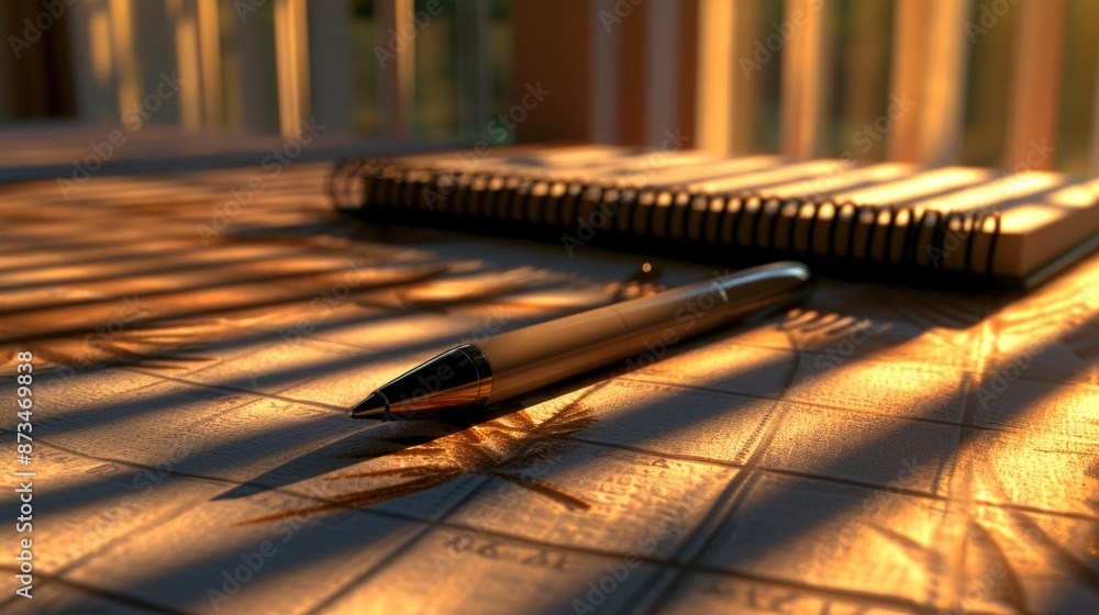 Poster a pen is sitting on a table next to a spiral notebook. the pen is silver and has a black tip. the no