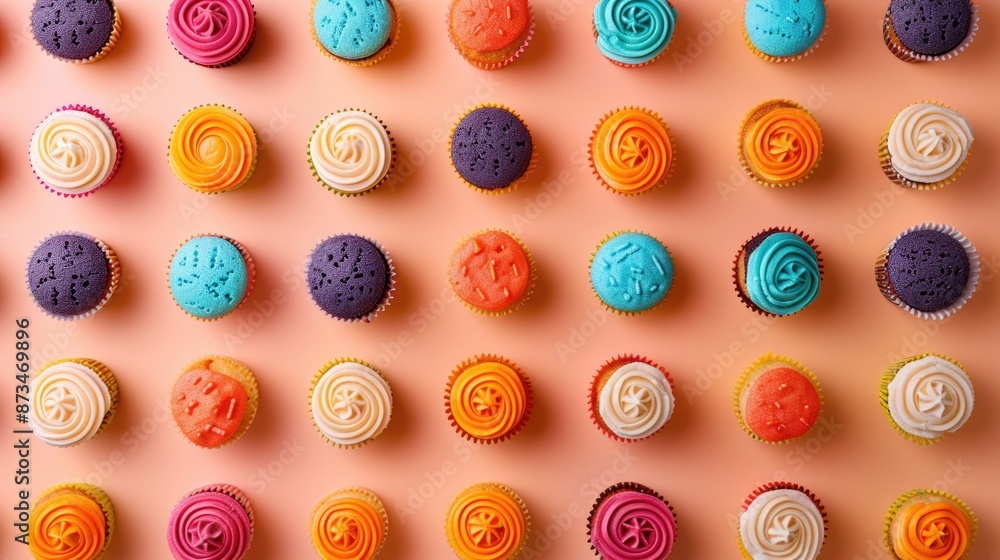 Aufkleber a row of colorful cupcakes with frosting and sprinkles. the cupcakes are arranged in a pattern, with