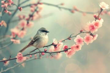 Perched Bird branch flower. Animal wildlife. Generate Ai