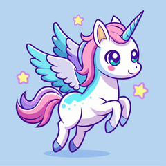 A lovely unicorn with wings and a horn flies through the sky