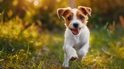 Portrait a small dog is running through a field of grass