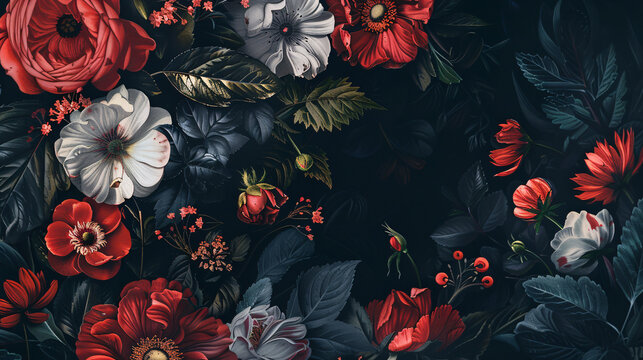 A vintage bouquet of beautiful flowers displayed on a black background, embodying a Baroque old-fashioned style. Ideal for natural pattern wallpapers or elegant greeting cards.