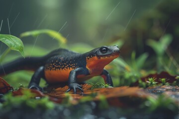 Fototapeta premium Full body view of Alpine Newt on leave in natural habitat, full body shot, full body View