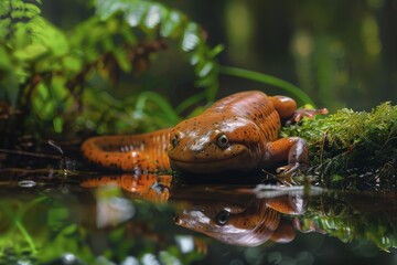 Obraz premium Full body view of Japanese Giant Salamander on leave in natural habitat, full body shot, full body View