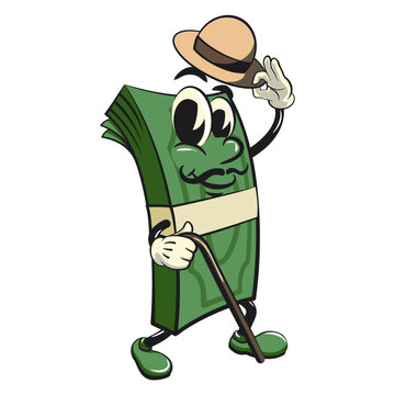 recommend clip art: character of a bundle of cash money cartoon vector isolated clip art mascot illustration carrying a stick and saluting with raised hat, work of hand drawn