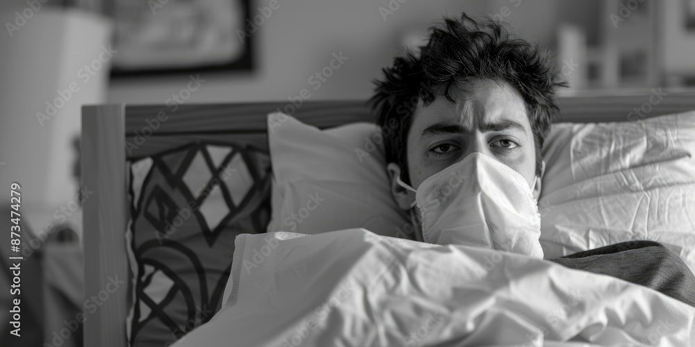 Wall mural a man is laying in bed with a mask on his face. he looks tired and is wearing a white sheet