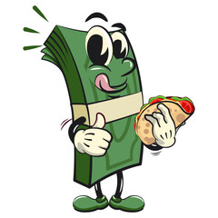 character of a bundle of cash money cartoon vector isolated clip art mascot illustration carrying a taco while giving a thumbs up, work of hand drawn
