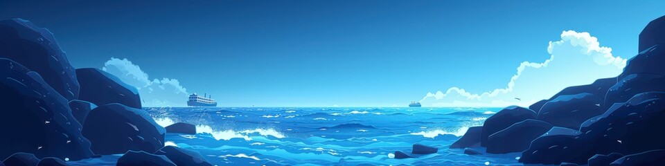 Serene Blue Seascape with Gentle Waves and Rocky Shores at Sunset with Vibrant Sky and Clouds in Beautiful Minimalistic Artwork