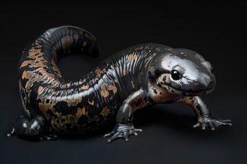 Obraz premium the beside view Chinese Giant Salamander, left side view, white copy space on right, isolated on black background