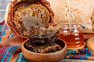 Magical honeycomb close up, Honey harvesting, honey picking. Organic honeycomb (Turkish Karakovan...