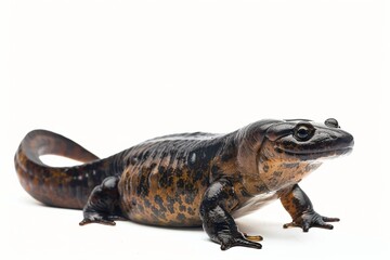 the beside view Chinese Giant Salamander, left side view, white copy space on right, isolated on white background