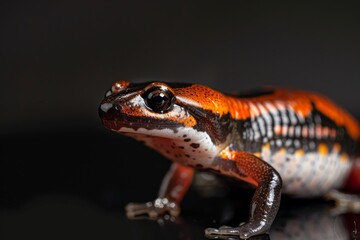 Obraz premium the beside view Eastern Red-backed Salamander, left side view, white copy space on right, isolated on black background