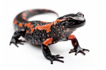 Obraz premium the beside view Eastern Red-backed Salamander, left side view, white copy space on right, dutch angle view, isolated on white background