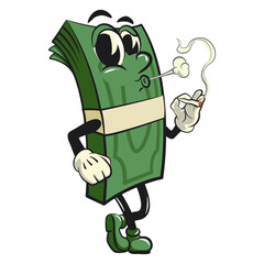 character of a bundle of cash money cartoon vector isolated clip art mascot illustration smoke calmly, work of hand drawn