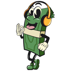 character of a bundle of cash money cartoon vector isolated clip art mascot illustration wearing a headset, work of hand drawn