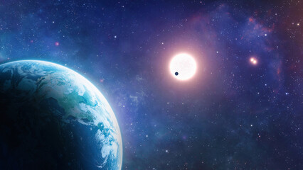 Planet Earth in deep space with Sun and satellite. Blue planet in solar system. Stars and galaxies. Elements of this image furnished by NASA