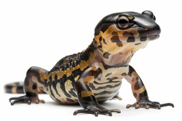 Obraz premium the beside view Tiger Salamander, left side view, white copy space on right, dutch angle view, isolated on white background