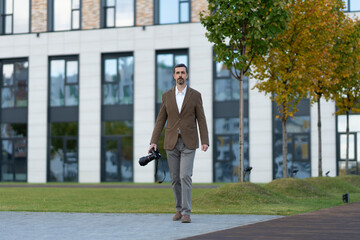 Fototapeta premium a photographer in a jacket with a camera on the background of a building.