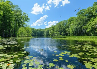 Peaceful Forest Lake with Clear Blue Sky Reflecting on Water Surrounded by Lush Green Trees and Lilypads on a Bright Sunny Day