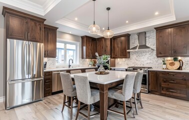 Modern kitchen with dark wood cabinets, stainless steel appliances, and a white quartz island