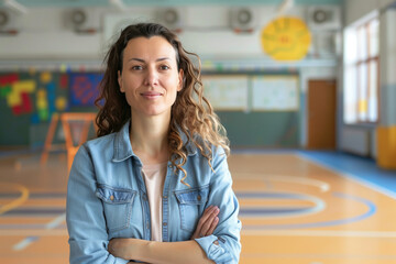 Gymnastics Teacher Guiding an Active Class in School Playground with a Smile - Powered by Adobe